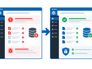 Illustrazione digitale semplificata con due interfacce WordPress affiancate: a sinistra sito corrotto con errori e file rotti, a destra sito recuperato con scudo di sicurezza.