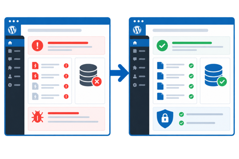 Illustrazione digitale semplificata con due interfacce WordPress affiancate: a sinistra sito corrotto con errori e file rotti, a destra sito recuperato con scudo di sicurezza.