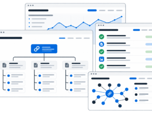 Dashboard digitale semplificata di analisi SEO con mappa struttura URL, checklist contenuti, grafico profilo backlink e andamento keyword in blu e antracite su pannelli bianchi