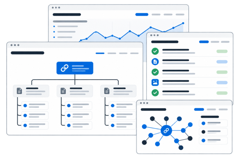 Dashboard digitale semplificata di analisi SEO con mappa struttura URL, checklist contenuti, grafico profilo backlink e andamento keyword in blu e antracite su pannelli bianchi