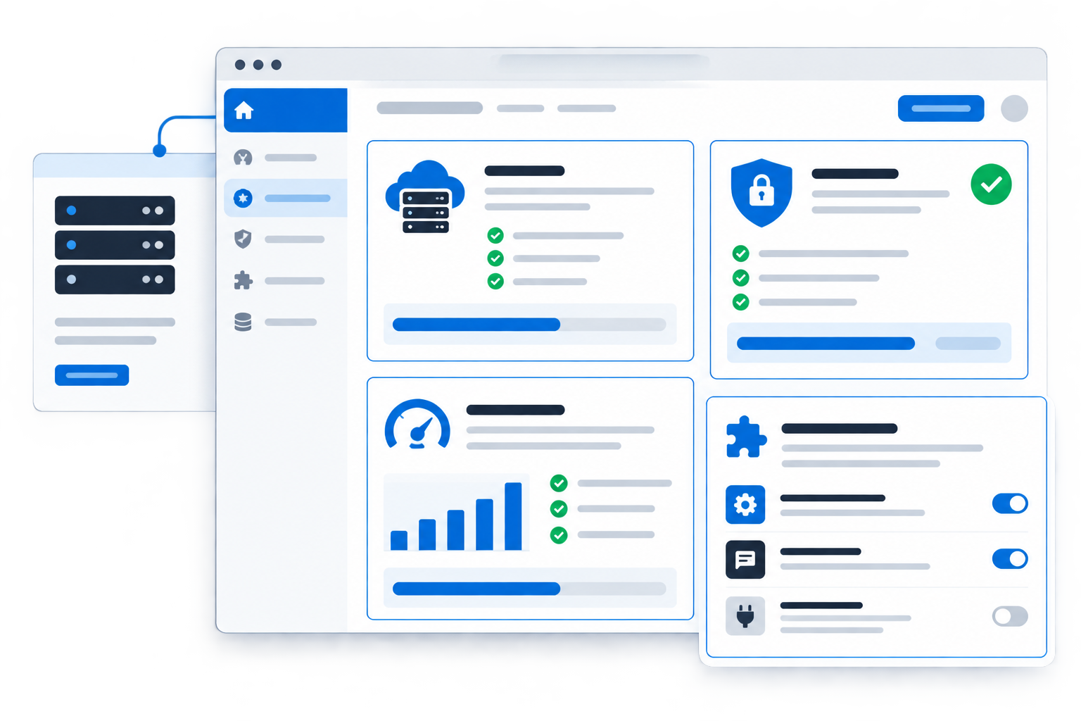 Interfaccia CMS semplificata con moduli di hosting, scansioni di sicurezza, ottimizzazione delle prestazioni e gestione plugin visibili, rappresentando i servizi web e consulenza.