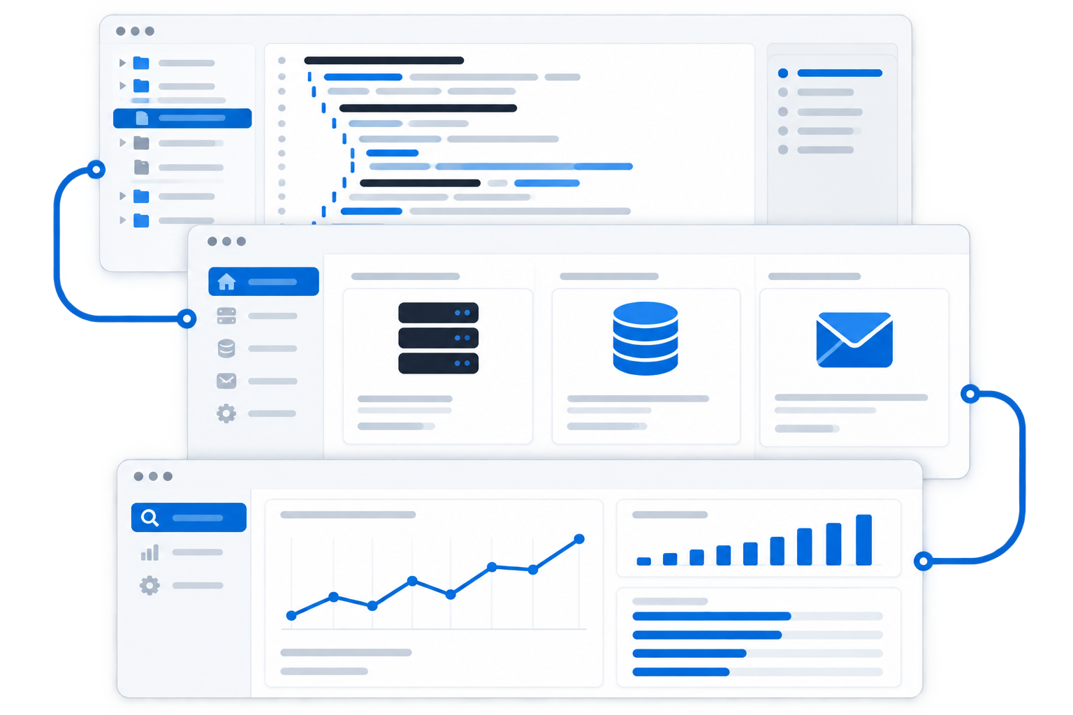 Illustrazione digitale con tre interfacce software blu e grigie: IDE con codice in alto, pannello hosting e mail al centro, dashboard SEO con grafici in basso, su sfondo trasparente.