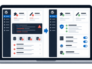 Illustrazione digitale di un laptop con schermo diviso che mostra da sinistra un dashboard WordPress con avvisi di errore e da destra un'interfaccia ottimizzata con segni di spunta verdi.