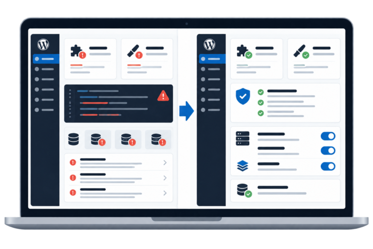 Illustrazione digitale di un laptop con schermo diviso che mostra da sinistra un dashboard WordPress con avvisi di errore e da destra un'interfaccia ottimizzata con segni di spunta verdi.