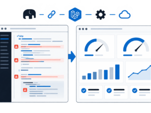 Illustrazione di un'interfaccia PHP con editor codice evidenziato da errori, dashboard con grafici di miglioramento prestazioni e icone di integrazione API.