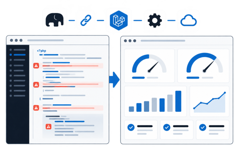 Illustrazione di un'interfaccia PHP con editor codice evidenziato da errori, dashboard con grafici di miglioramento prestazioni e icone di integrazione API.