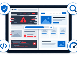 Illustrazione di un tablet digitale con interfaccia web divisa tra sito rotto con errori rossi e sito ripristinato in toni blu e bianco, icone di sicurezza, codice, SEO e performance.
