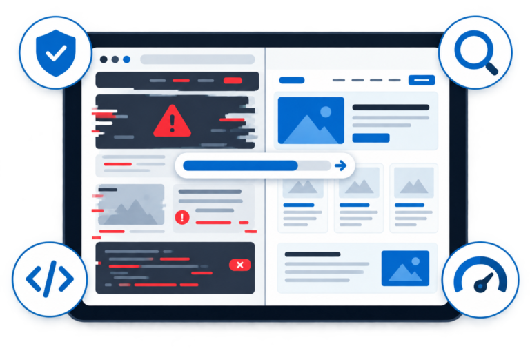 Illustrazione di un tablet digitale con interfaccia web divisa tra sito rotto con errori rossi e sito ripristinato in toni blu e bianco, icone di sicurezza, codice, SEO e performance.