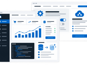 Illustrazione digitale con due finestre software sovrapposte che mostrano dashboard semplificate di backend ecommerce PrestaShop, con grafici, codice, database, configurazioni cache e integrazione API in blu e carbone su superfici bianche e sfondo trasparente.