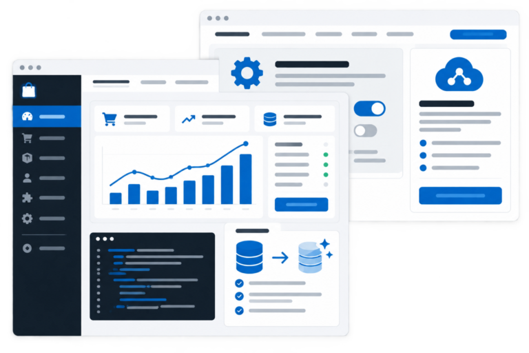 Illustrazione digitale con due finestre software sovrapposte che mostrano dashboard semplificate di backend ecommerce PrestaShop, con grafici, codice, database, configurazioni cache e integrazione API in blu e carbone su superfici bianche e sfondo trasparente.