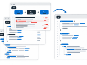 Pannelli digitali sovrapposti che rappresentano codice HTML, blocchi di stile CSS e funzioni JavaScript con errori evidenziati in rosso e un pannello di codice ottimizzato affiancato.