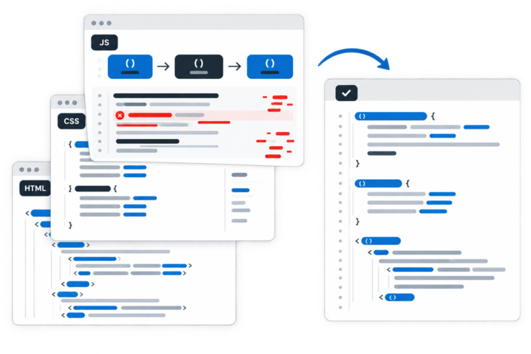 Pannelli digitali sovrapposti che rappresentano codice HTML, blocchi di stile CSS e funzioni JavaScript con errori evidenziati in rosso e un pannello di codice ottimizzato affiancato.