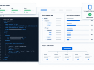 Interfaccia digitale divisa mostrando codice HTML con meta tag e markup schema, analisi struttura tag, distribuzione keyword, link interni, Core Web Vitals e compatibilità mobile per SEO on-page.