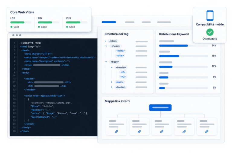 Interfaccia digitale divisa mostrando codice HTML con meta tag e markup schema, analisi struttura tag, distribuzione keyword, link interni, Core Web Vitals e compatibilità mobile per SEO on-page.