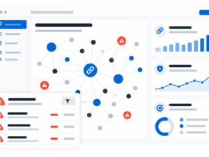 Interfaccia digitale semplificata che mostra un grafo di backlink con nodi collegati, pannello laterale di metriche SEO e finestra overlay che evidenzia link problematici, rappresentando l'analisi e la gestione SEO Off-Page