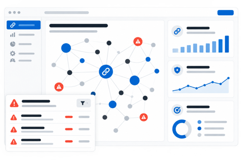 Interfaccia digitale semplificata che mostra un grafo di backlink con nodi collegati, pannello laterale di metriche SEO e finestra overlay che evidenzia link problematici, rappresentando l'analisi e la gestione SEO Off-Page