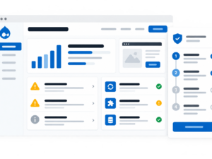 Interfaccia digitale di consulenza Drupal con dashboard tecnica, visualizzazione di performance, segnalazioni di criticità moduli, e pianificazione interventi in uno stile grafico chiaro e sintetico