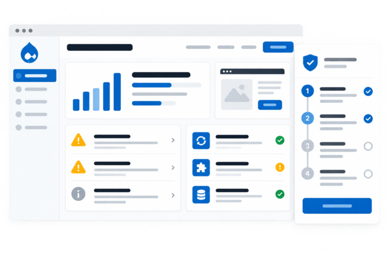 Interfaccia digitale di consulenza Drupal con dashboard tecnica, visualizzazione di performance, segnalazioni di criticità moduli, e pianificazione interventi in uno stile grafico chiaro e sintetico