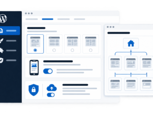 Illustrazione di un pannello WordPress semplificato con menu laterale blu, selezione tipo sito, opzioni responsive e sicurezza, con grafico di navigazione