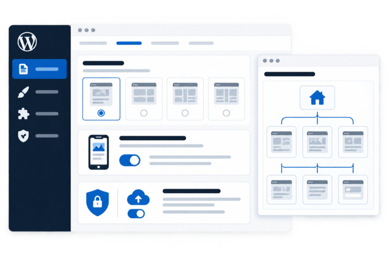 Illustrazione di un pannello WordPress semplificato con menu laterale blu, selezione tipo sito, opzioni responsive e sicurezza, con grafico di navigazione