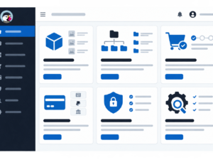 Interfaccia digitale semplificata con pannelli di configurazione e-commerce PrestaShop, mostra icone di catalogo, categorie, checkout, pagamenti, sicurezza e SEO su sfondo trasparente.