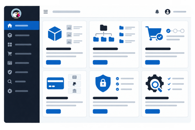 Interfaccia digitale semplificata con pannelli di configurazione e-commerce PrestaShop, mostra icone di catalogo, categorie, checkout, pagamenti, sicurezza e SEO su sfondo trasparente.