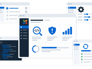 Illustrazione digitale semplificata di un pannello di controllo Joomla con icone per analisi, sicurezza, prestazioni e aggiornamenti, con pannelli periferici per configurazione e pianificazione.