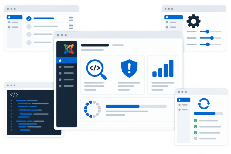 Illustrazione digitale semplificata di un pannello di controllo Joomla con icone per analisi, sicurezza, prestazioni e aggiornamenti, con pannelli periferici per configurazione e pianificazione.
