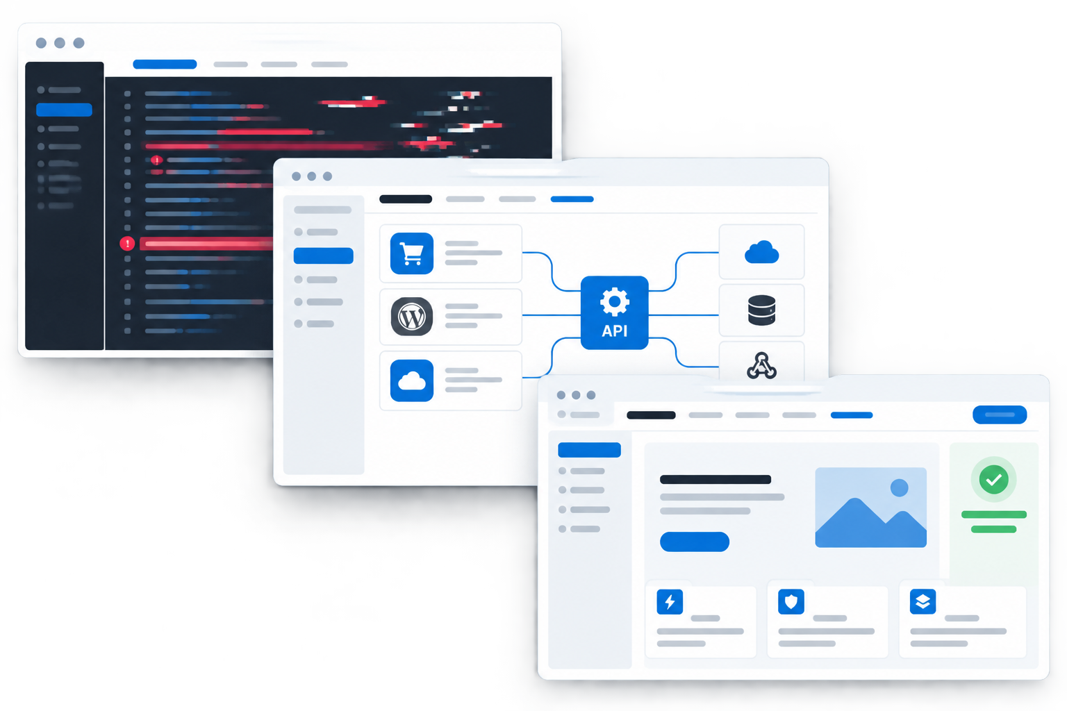 Illustrazione di interfacce digitali stratificate che mostrano debug di codice con errori, pannello integrazione API collegato a servizi e anteprima app pulita pronta al lancio.